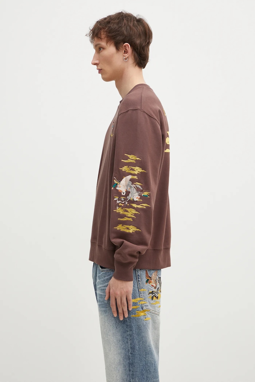 Хлопковая кофта Billionaire Boys Club Duck Embroidered Crewneck мужская цвет коричневый с аппликацией B24441 Хлопковая кофта Billionaire Boys Club Duck Embroidered Crewneck мужская цвет коричневый с аппликацией B24441