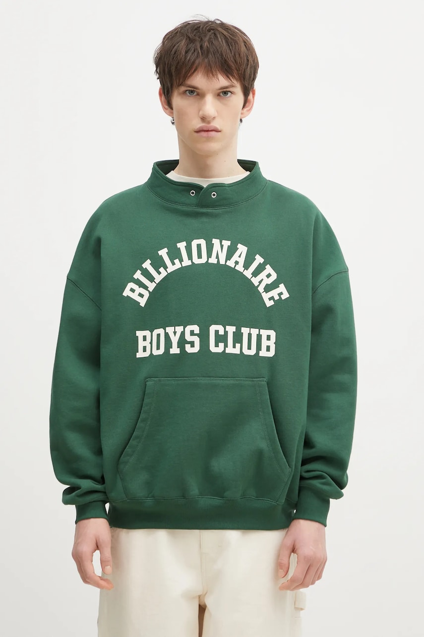 Billionaire Boys Club hanorac de bumbac Stand Collar Sweatshirt barbati, culoarea verde, cu imprimeu, B24444