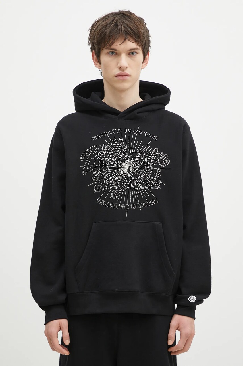 Billionaire Boys Club hanorac de bumbac Script Logo Chainstitch Popover Hood barbati, culoarea negru, cu gluga, cu imprimeu, B24448
