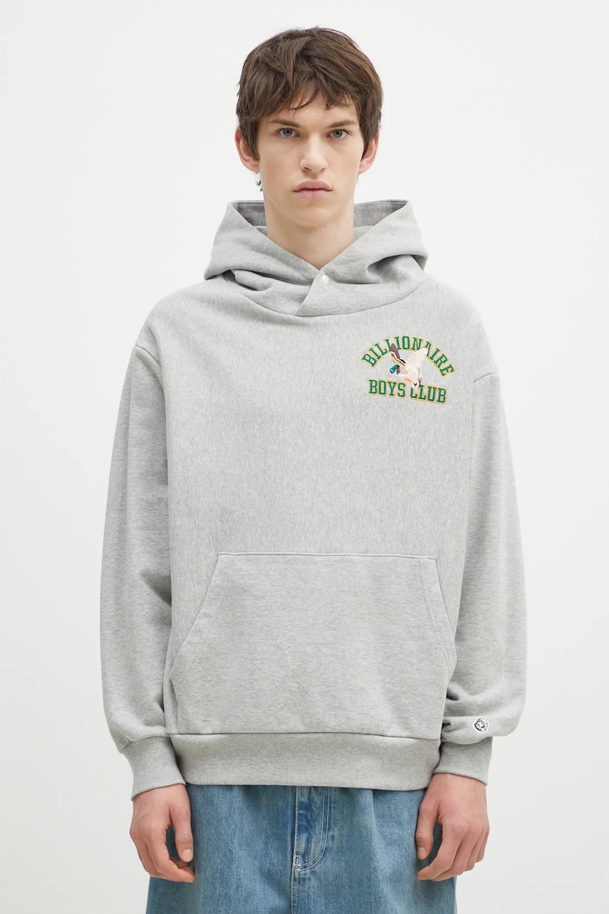 Levně Bavlněná mikina Billionaire Boys Club Duck Varsity Embroidered Popover Hood pánská, šedá barva, s kapucí, s aplikací, B24451
