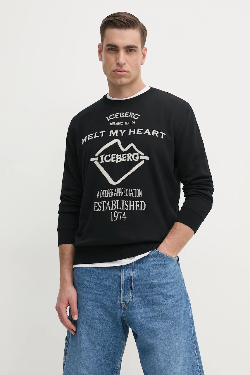 Iceberg pulover de bumbac bărbați, culoarea negru, light, A019 7633 Iceberg pulover de bumbac bărbați, culoarea negru, light, A019 7633