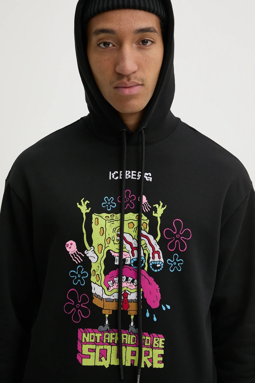 Βαμβακερή μπλούζα Iceberg χρώμα: μαύρο, με κουκούλα, E60A 6334 φωτογραφία