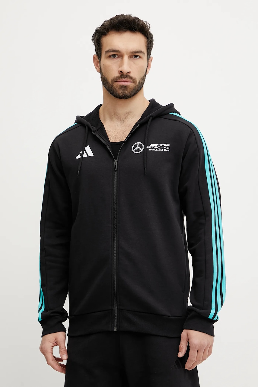 adidas bluza x Mercedes barbati, culoarea negru, cu glugă, cu imprimeu, JV5437 adidas bluza x Mercedes barbati, culoarea negru, cu glugă, cu imprimeu, JV5437