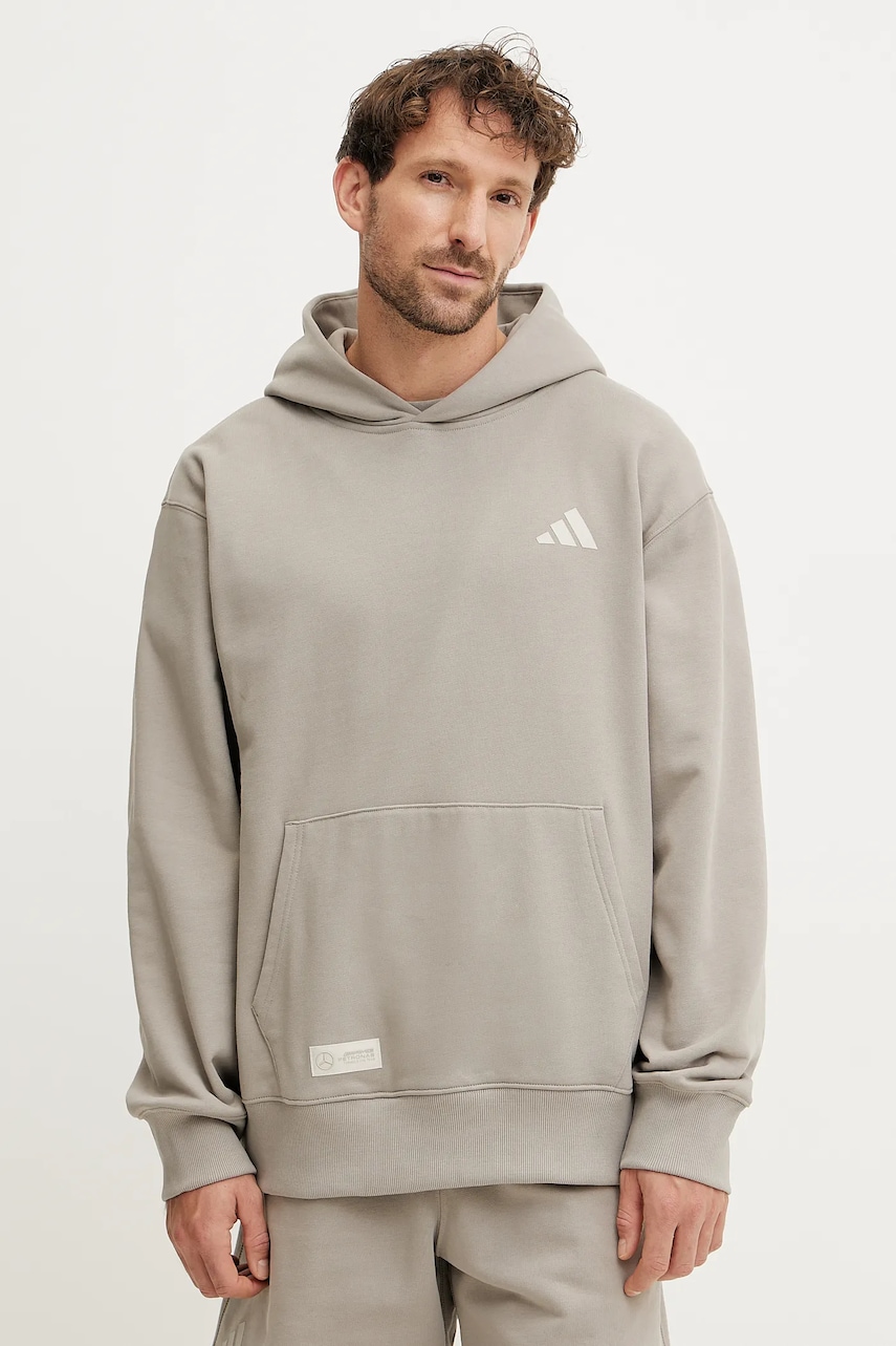 adidas hanorac de bumbac x Mercedes barbati, culoarea bej, cu glugă, cu imprimeu, JW3081 adidas hanorac de bumbac x Mercedes barbati, culoarea bej, cu glugă, cu imprimeu, JW3081