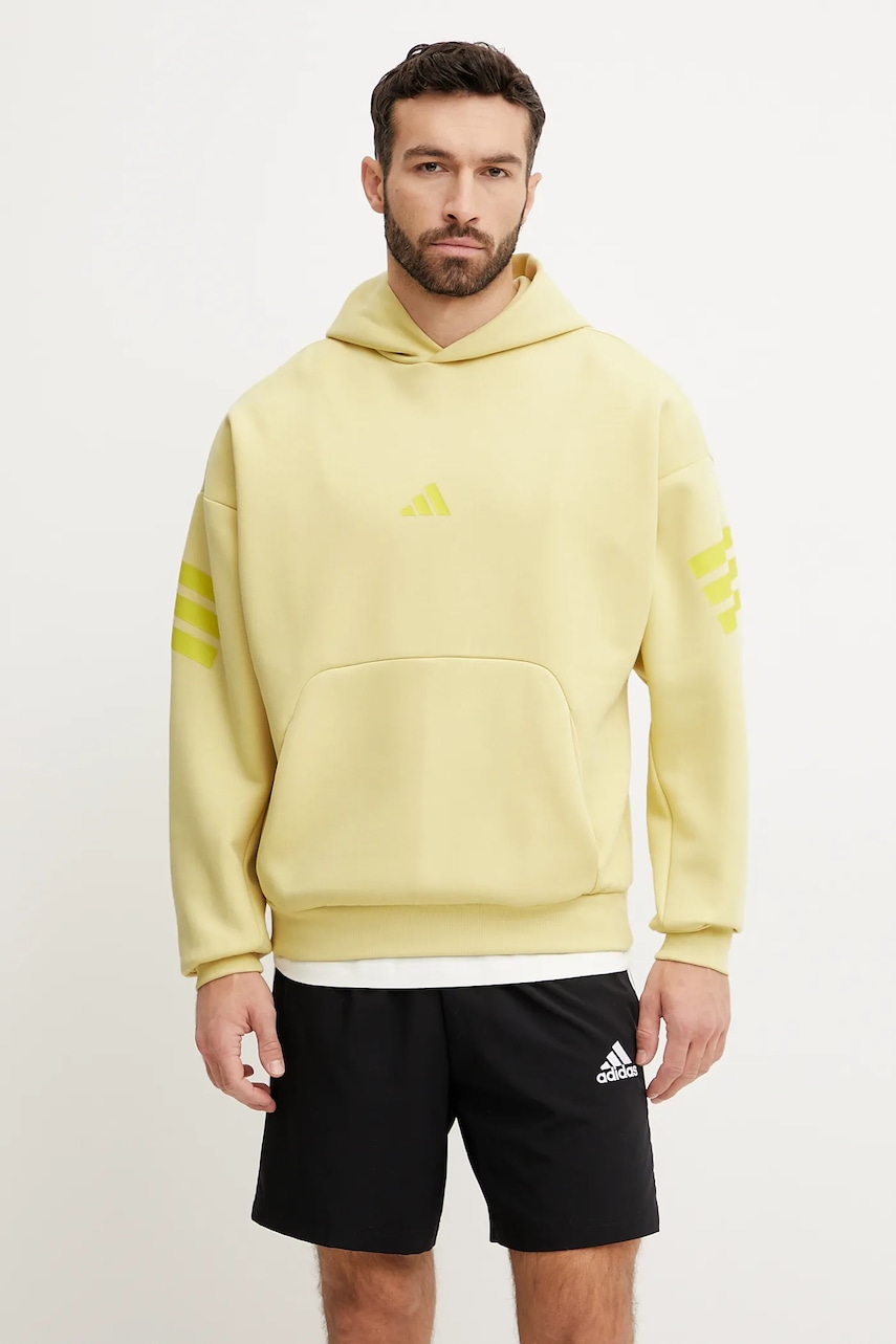 adidas hanorac Future Icons bărbați, culoarea galben, cu glugă, cu imprimeu, JD4854 adidas hanorac Future Icons bărbați, culoarea galben, cu glugă, cu imprimeu, JD4854