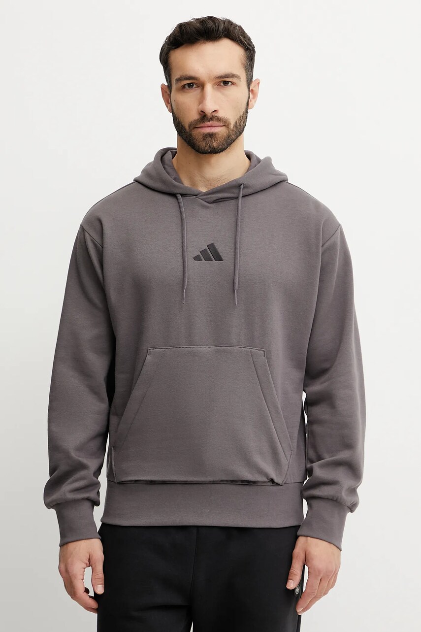 adidas bluza Feelcozy barbati, culoarea maro, cu glugă, cu imprimeu, IN6068