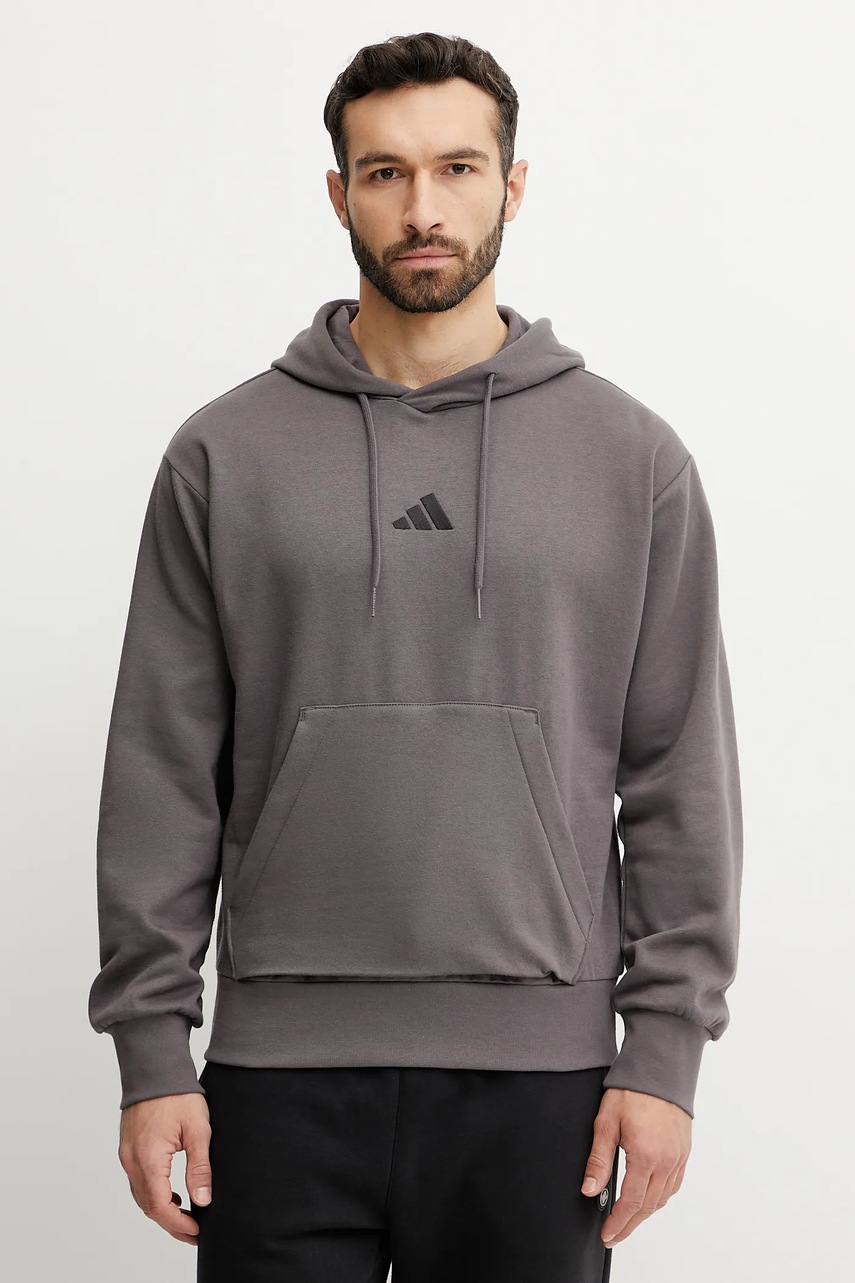 adidas bluza Feelcozy barbati, culoarea maro, cu glugă, cu imprimeu, IN6068