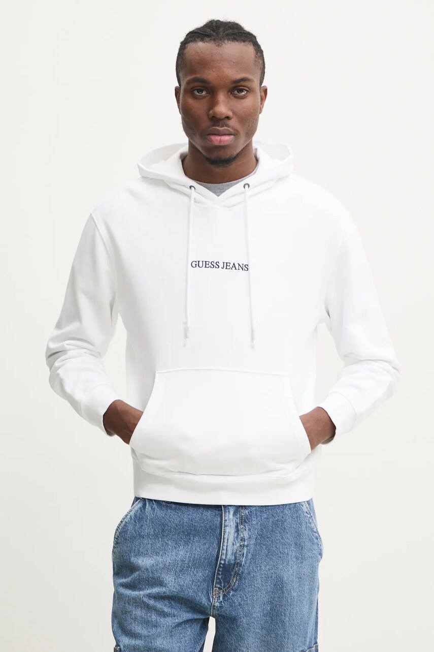 Levně Mikina Guess Jeans pánská, bílá barva, s kapucí, s aplikací, M5RQ38 KCPR1
