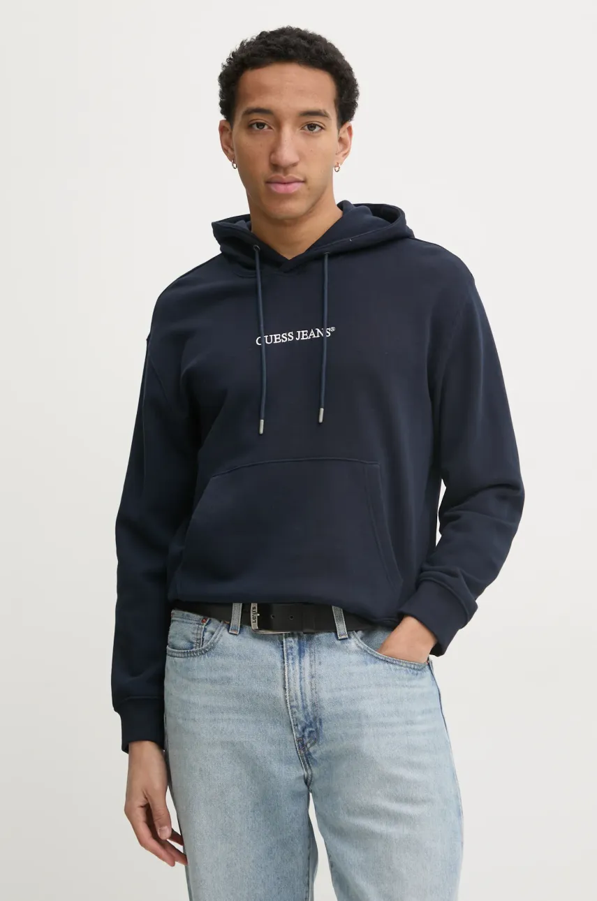 Levně Mikina Guess Jeans pánská, tmavomodrá barva, s kapucí, s aplikací, M5RQ38 KCPR1