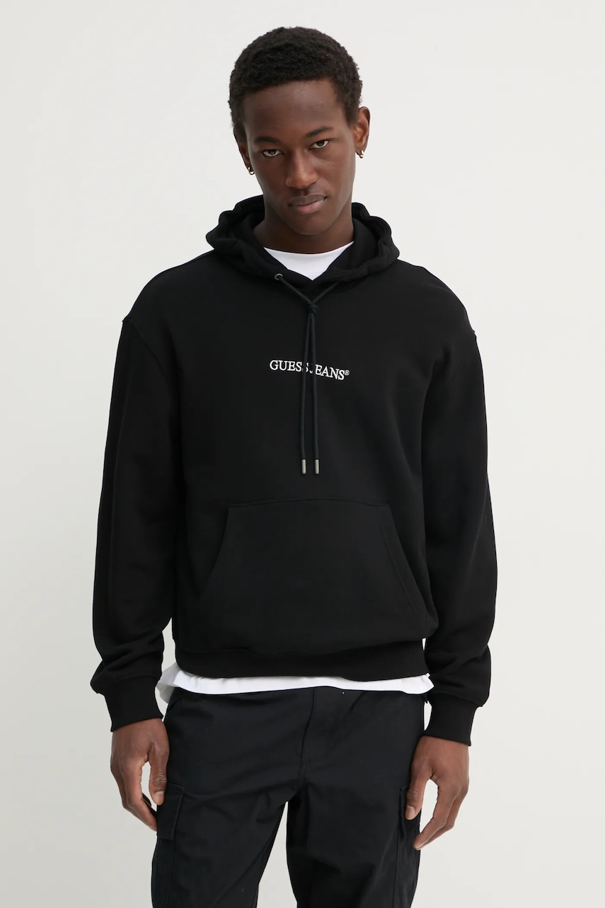 Mikina Guess Jeans pánská, černá barva, s kapucí, s aplikací, M5RQ38 KCPR1