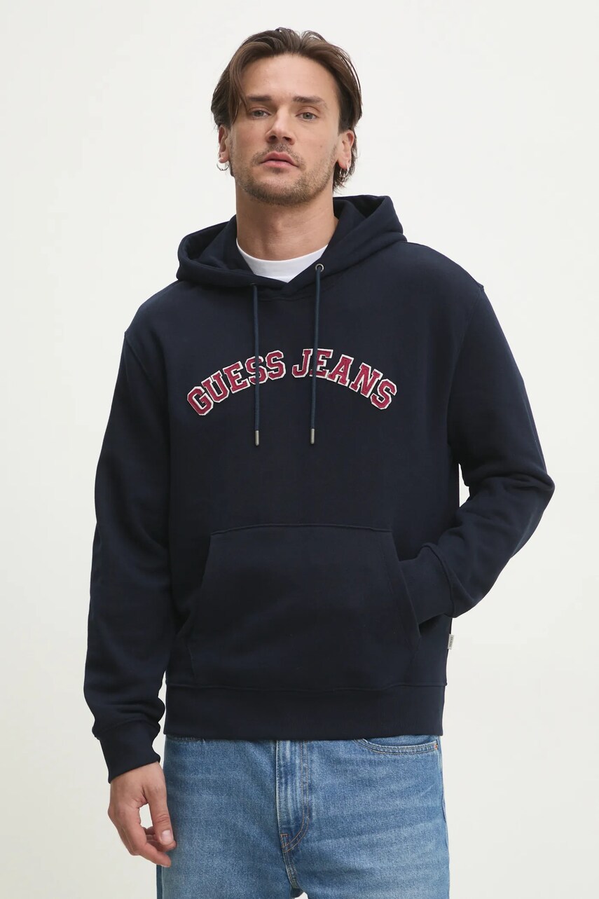 Levně Bavlněná mikina Guess Jeans pánská, tmavomodrá barva, s kapucí, s aplikací, M5RQ44 KCPR1