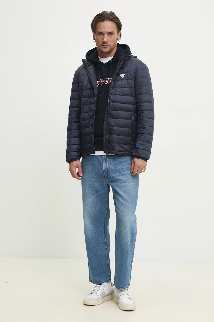 Хлопковая кофта Guess Jeans мужская цвет синий с капюшоном с аппликацией M5RQ44 KCPR1 Хлопковая кофта Guess Jeans мужская цвет синий с капюшоном с аппликацией M5RQ44 KCPR1