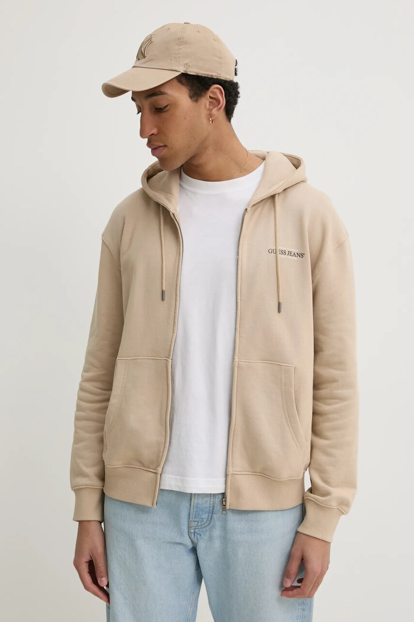 Levně Bavlněná mikina Guess Jeans pánská, béžová barva, s kapucí, s potiskem, M5RQ45 KCPR1