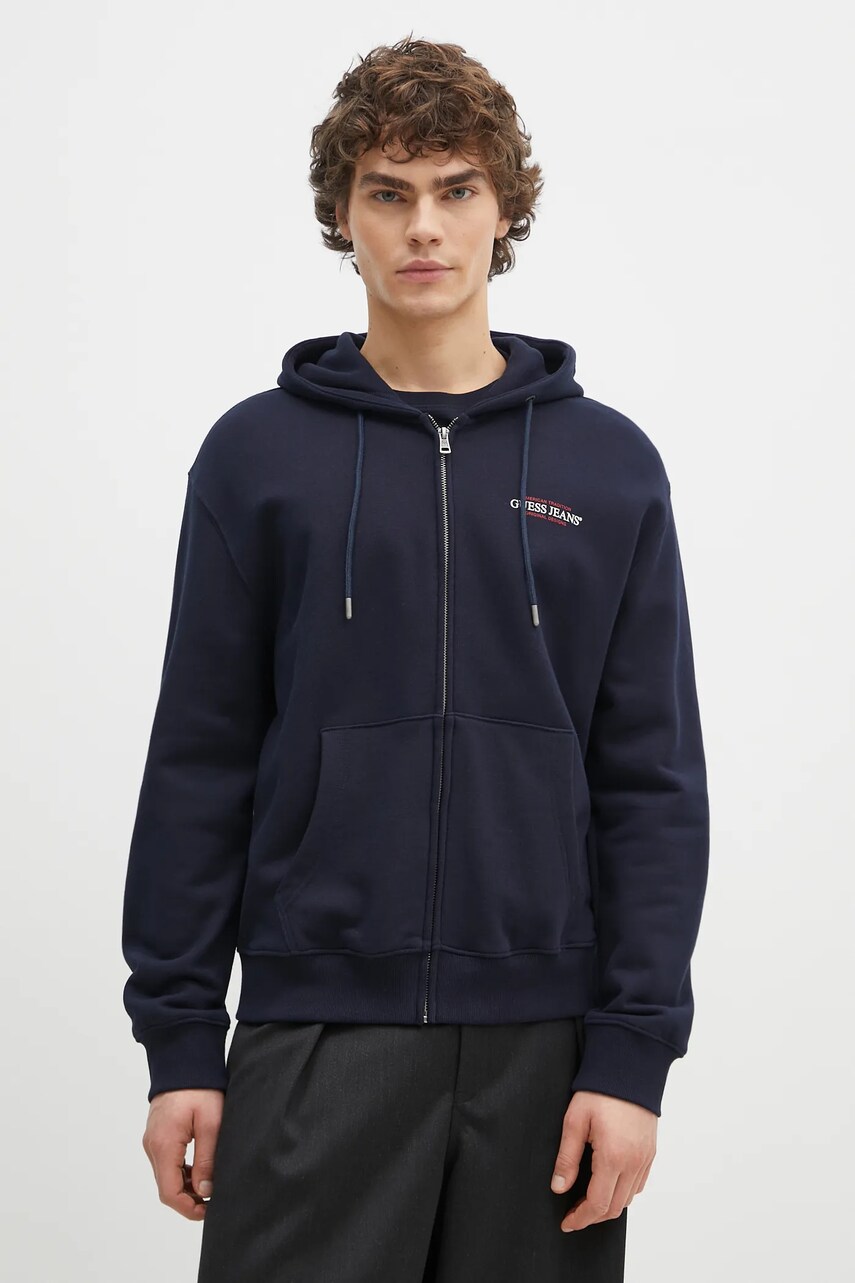Levně Bavlněná mikina Guess Jeans pánská, tmavomodrá barva, s kapucí, s potiskem, M5RQ45 KCPR1
