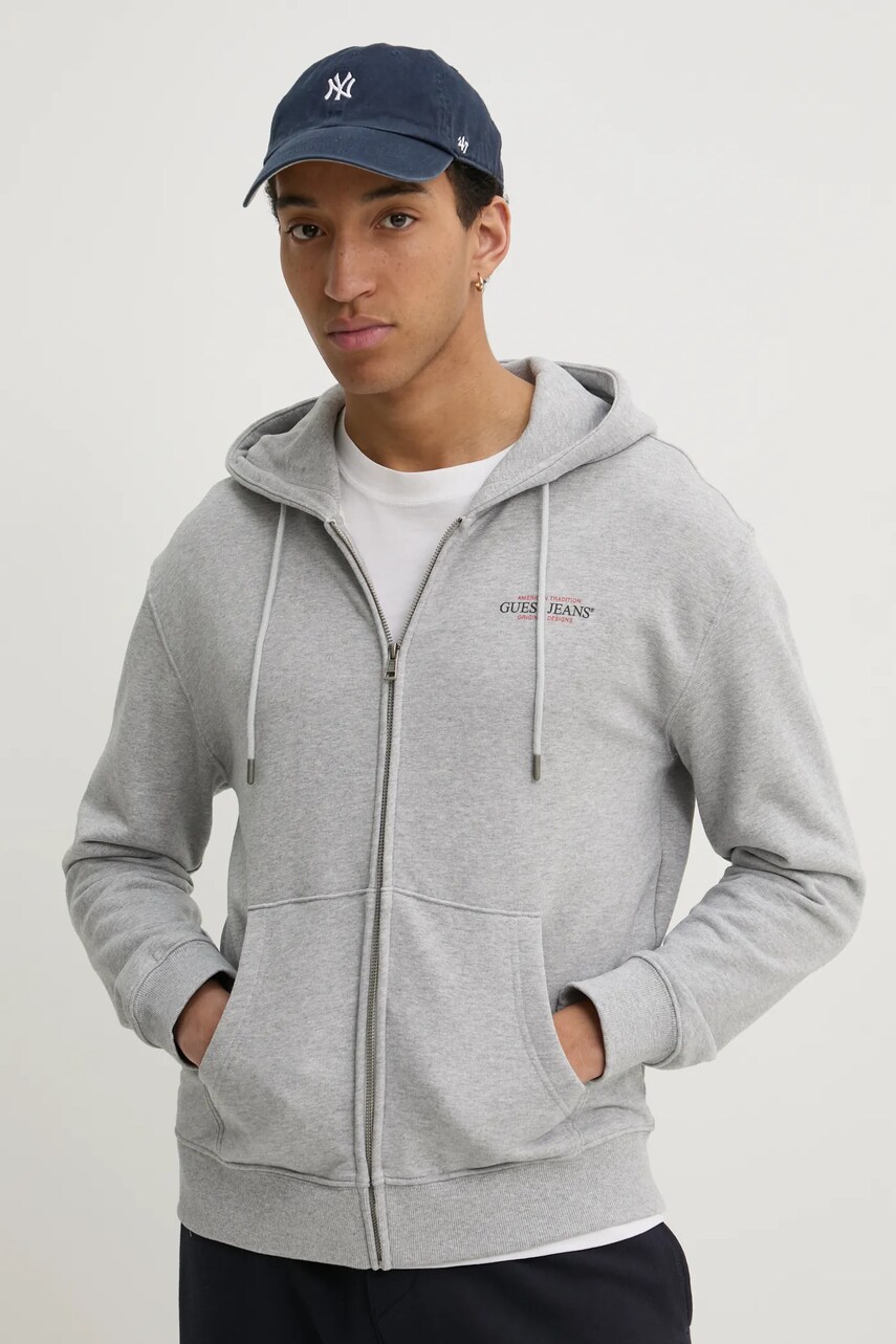 Levně Bavlněná mikina Guess Jeans pánská, šedá barva, s kapucí, s potiskem, M5RQ45 KCPR1