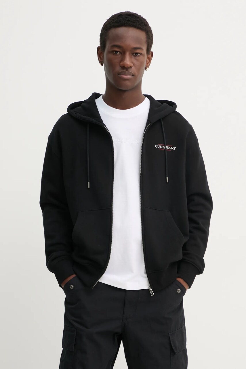 Levně Bavlněná mikina Guess Jeans pánská, černá barva, s kapucí, s potiskem, M5RQ45 KCPR1