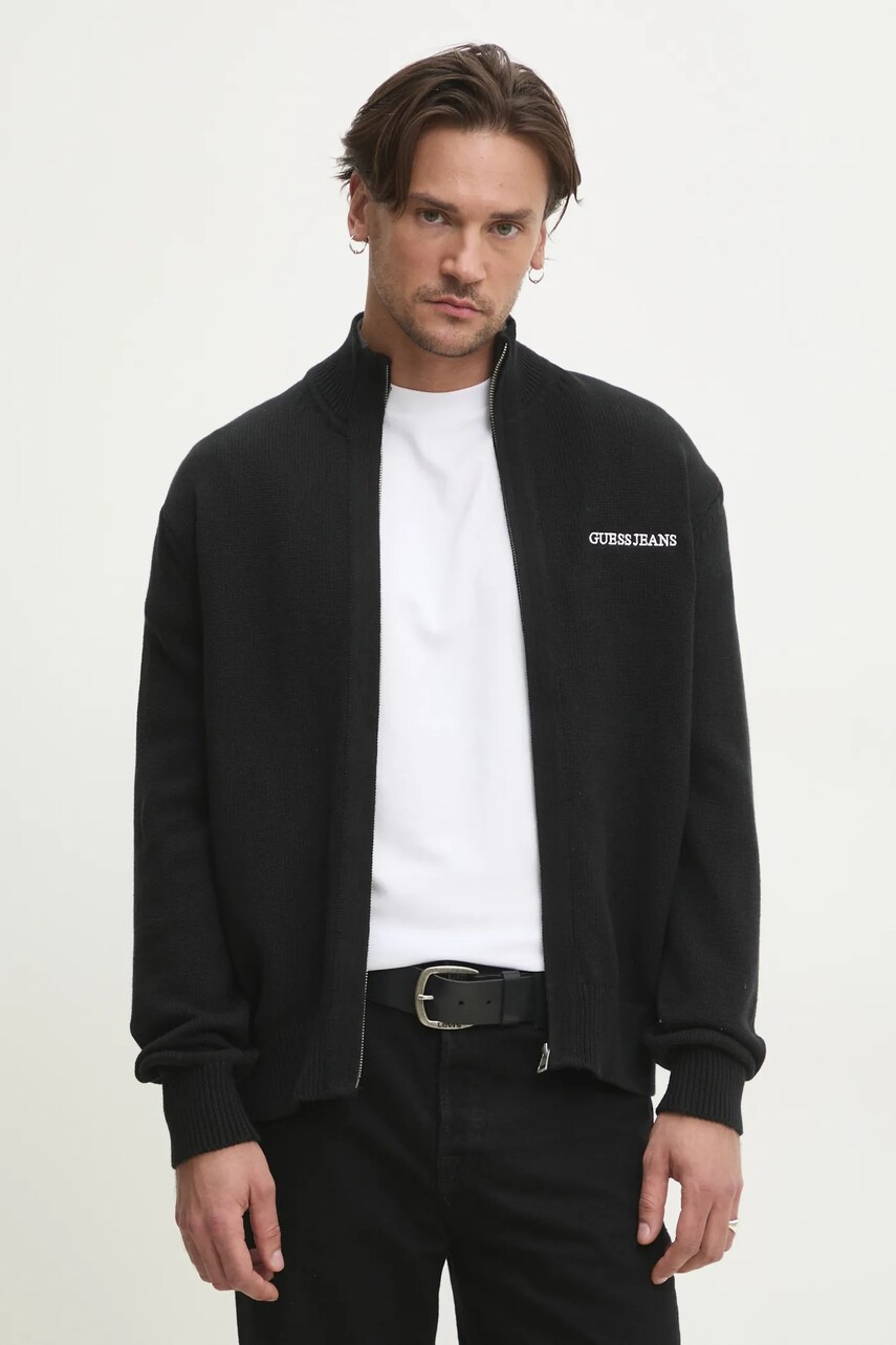 Levně Bavlněný kardigan Guess Jeans pánský, černá barva, M5RR30 Z3HM1