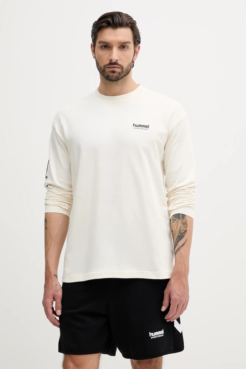 Hummel longsleeve din bumbac culoarea bej, cu imprimeu, 227560