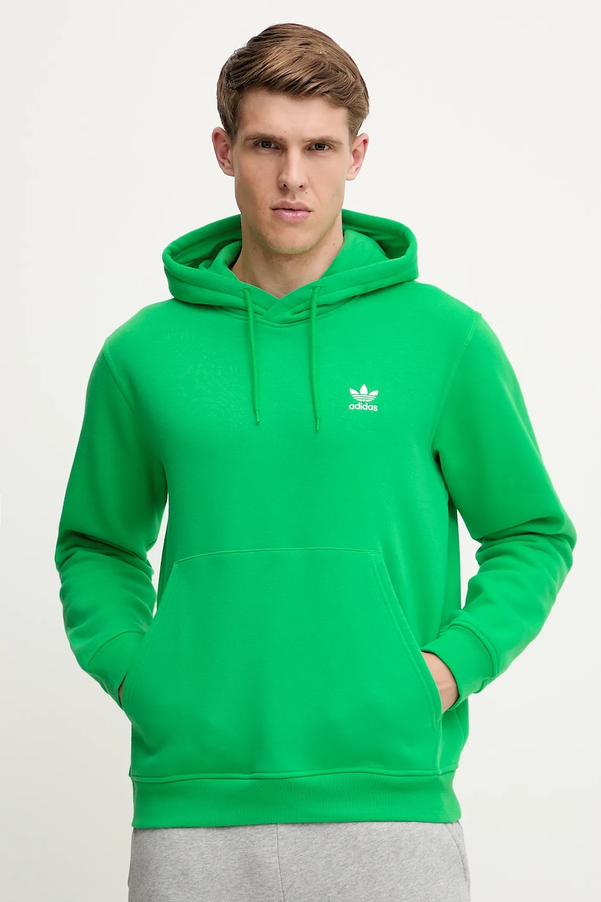 adidas Originals bluză Essential culoarea verde, cu glugă, neted, JN0237