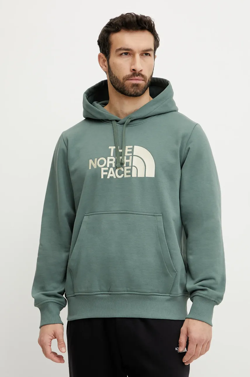 The North Face bluza Drew Peak barbati, culoarea verde, cu glugă, cu imprimeu, NF0A89EMB4W1