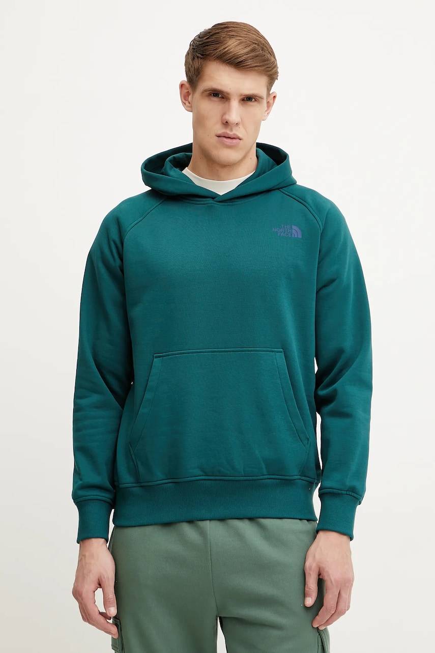 The North Face bluza Raglan Redbox barbati, culoarea verde, cu glugă, cu imprimeu, NF0A89F9A1B1 The North Face bluza Raglan Redbox barbati, culoarea verde, cu glugă, cu imprimeu, NF0A89F9A1B1