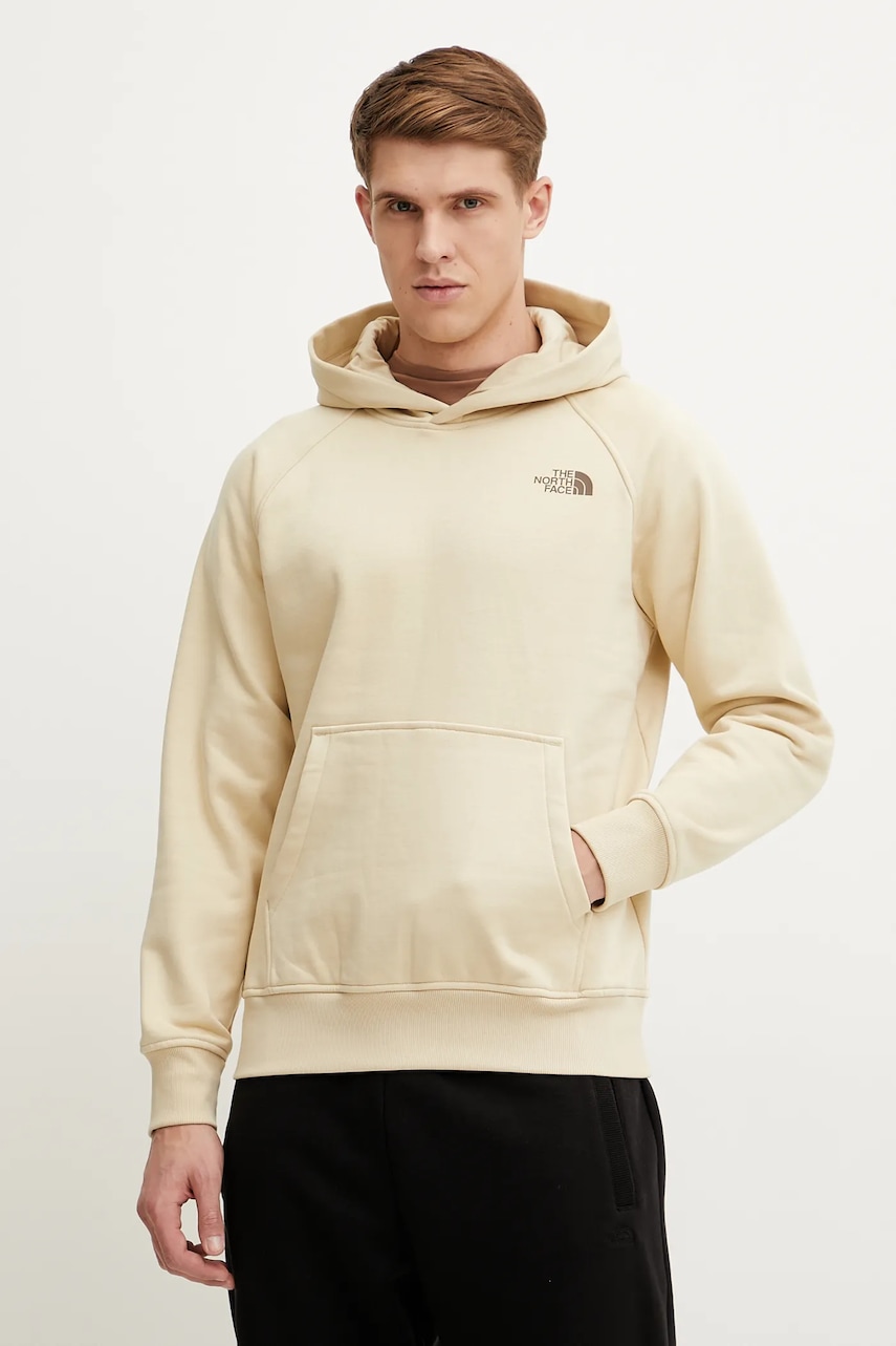 The North Face bluza Raglan Redbox barbati, culoarea bej, cu glugă, cu imprimeu, NF0A89F9B2O1 The North Face bluza Raglan Redbox barbati, culoarea bej, cu glugă, cu imprimeu, NF0A89F9B2O1