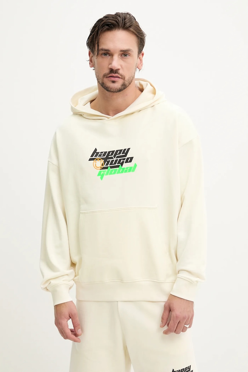 Hugo Blue hanorac de bumbac barbati, culoarea bej, cu glugă, cu imprimeu, 50536113