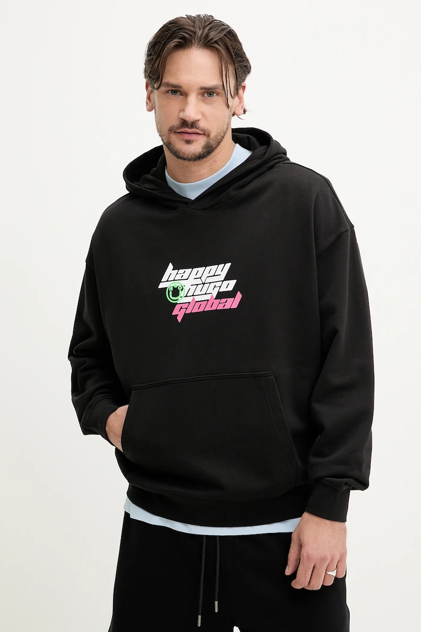 Hugo Blue hanorac de bumbac barbati, culoarea negru, cu glugă, cu imprimeu, 50536113