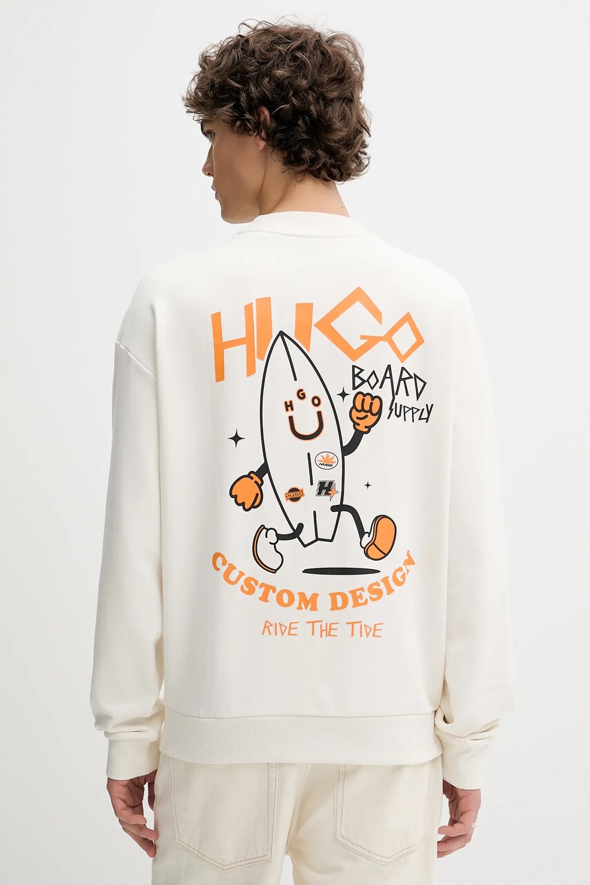 Hugo Blue hanorac de bumbac culoarea alb, cu imprimeu, 50539702