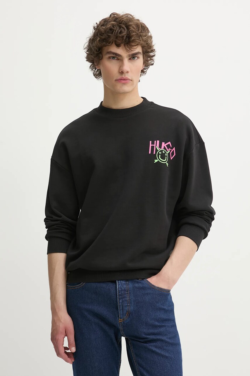 Hugo Blue hanorac de bumbac culoarea negru, cu imprimeu, 50539702