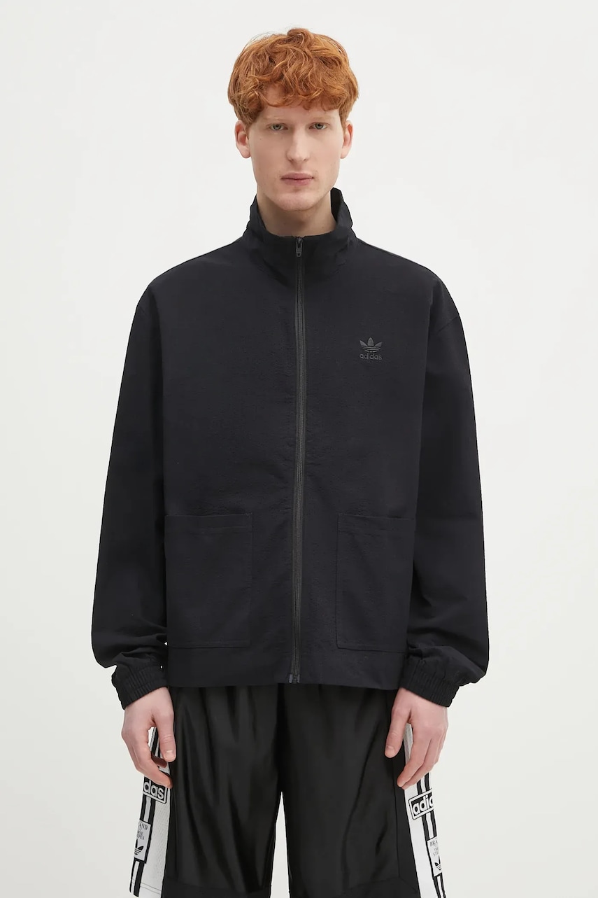 adidas Originals hanorac de bumbac Essentials Seersucker Track Top culoarea negru, uni, JD2458