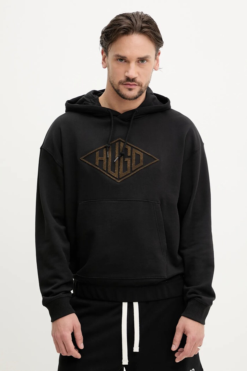 Levně Bavlněná mikina HUGO pánská, černá barva, s kapucí, s aplikací, 50534947
