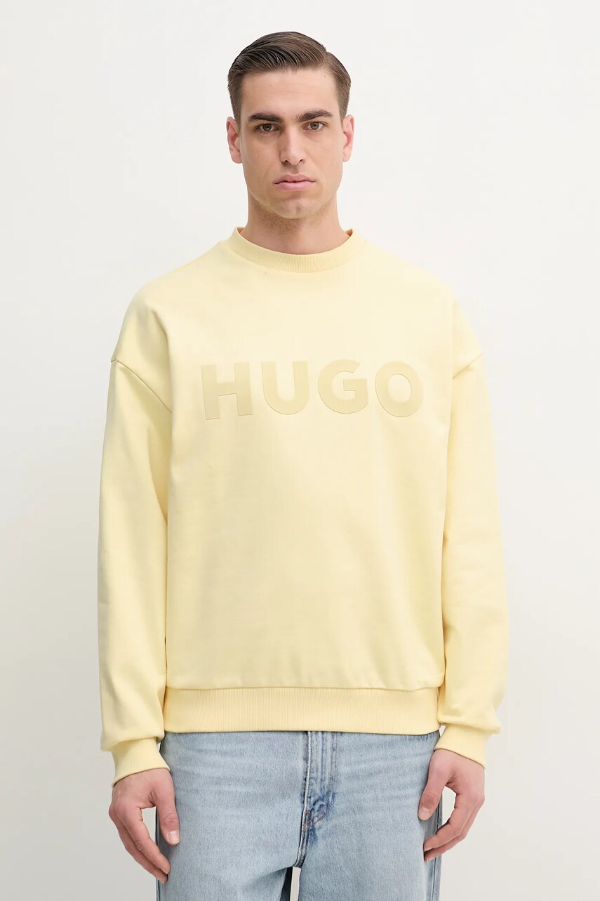HUGO hanorac de bumbac barbati, culoarea galben, cu imprimeu, 50538778
