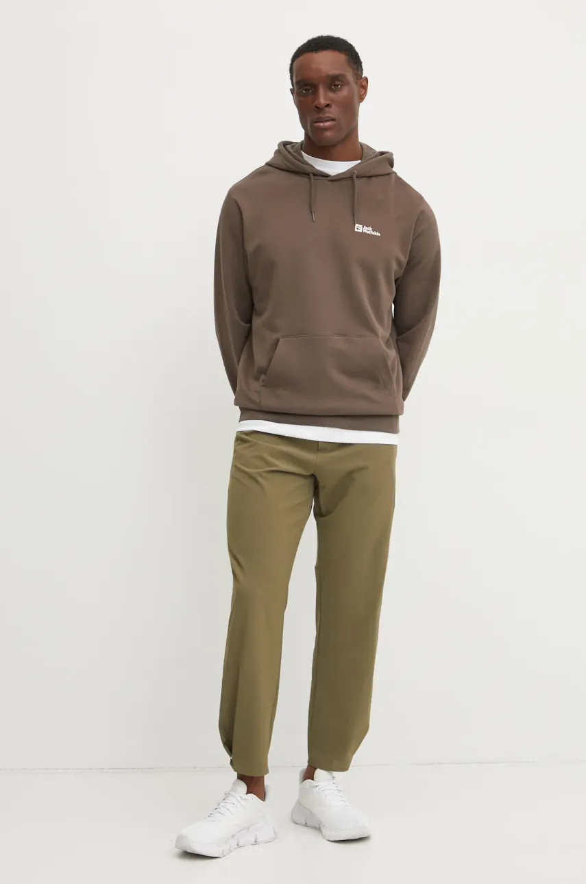 Хлопковая кофта Jack Wolfskin Essential мужская цвет коричневый с капюшоном с принтом A63872 Хлопковая кофта Jack Wolfskin Essential мужская цвет коричневый с капюшоном с принтом A63872