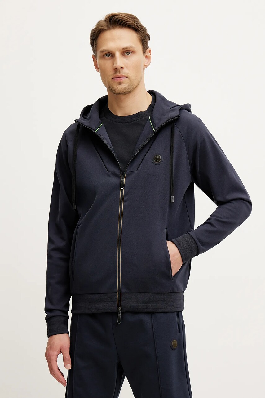 BOSS Green bluza barbati, culoarea albastru marin, cu glugă, neted, 50530969