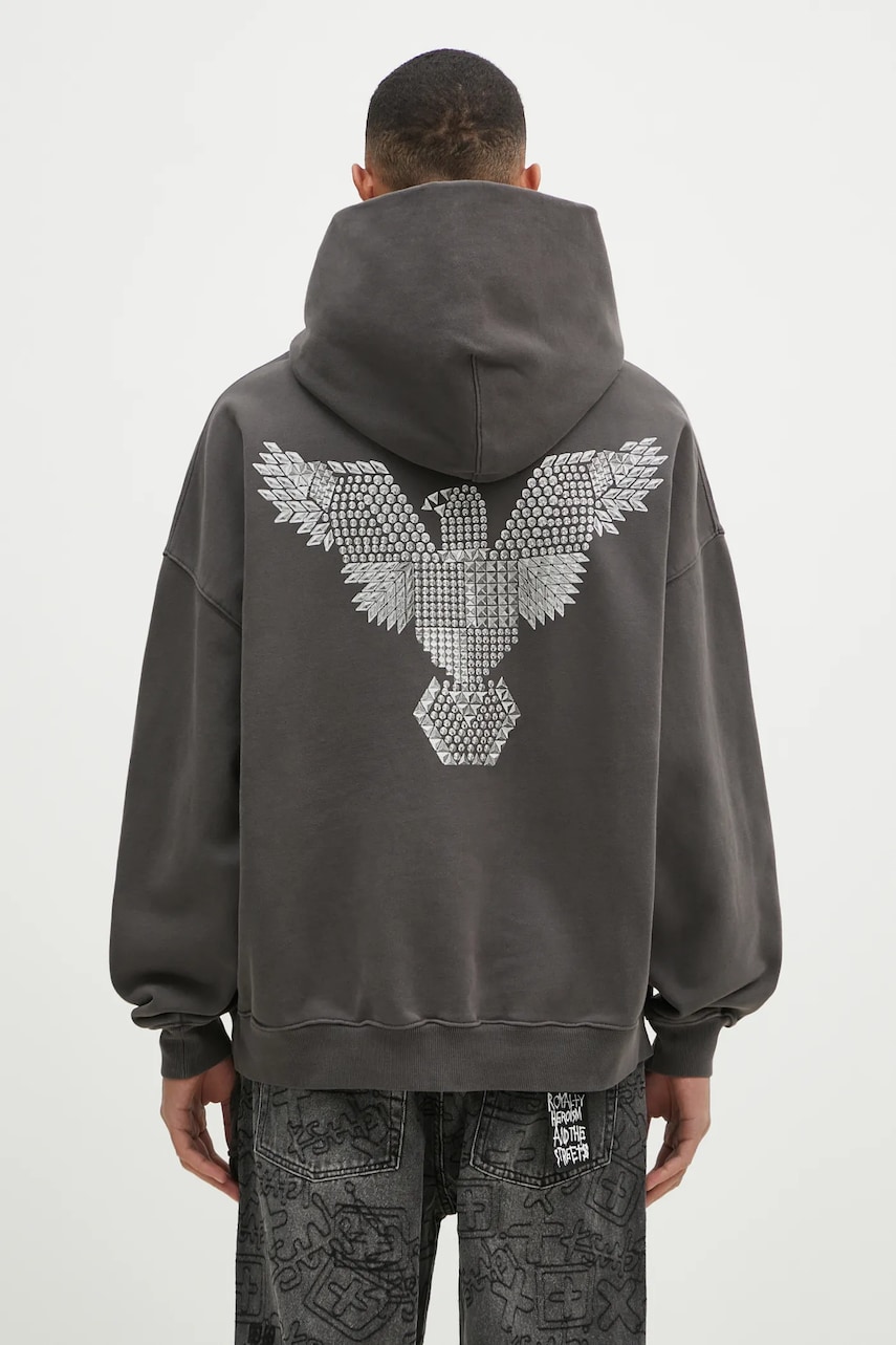 KSUBI hanorac de bumbac Eagle Ekcess bărbați, culoarea gri, cu glugă, cu imprimeu, MPS25FL009