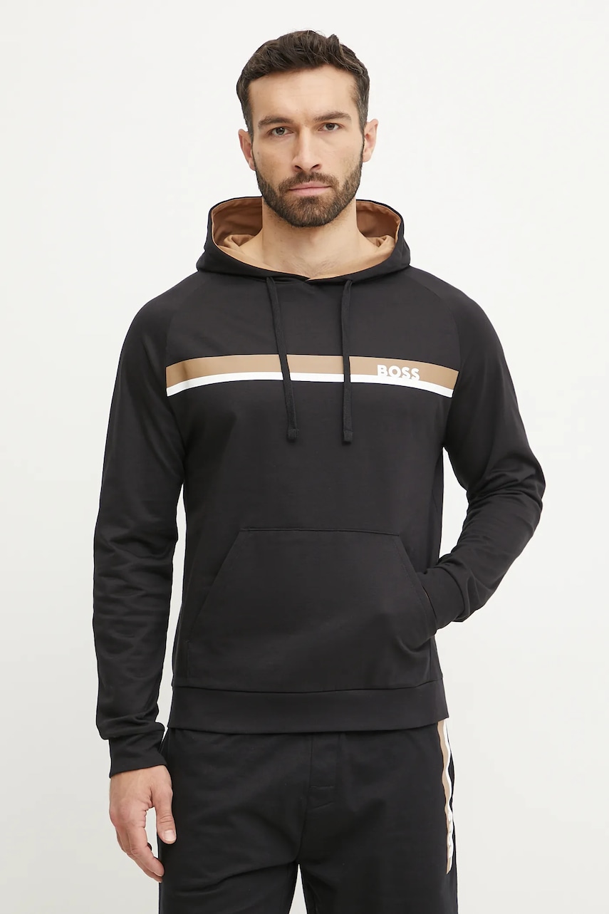 BOSS hanorac lounge din bumbac bărbați, culoarea negru, cu glugă, cu imprimeu, 50540667
