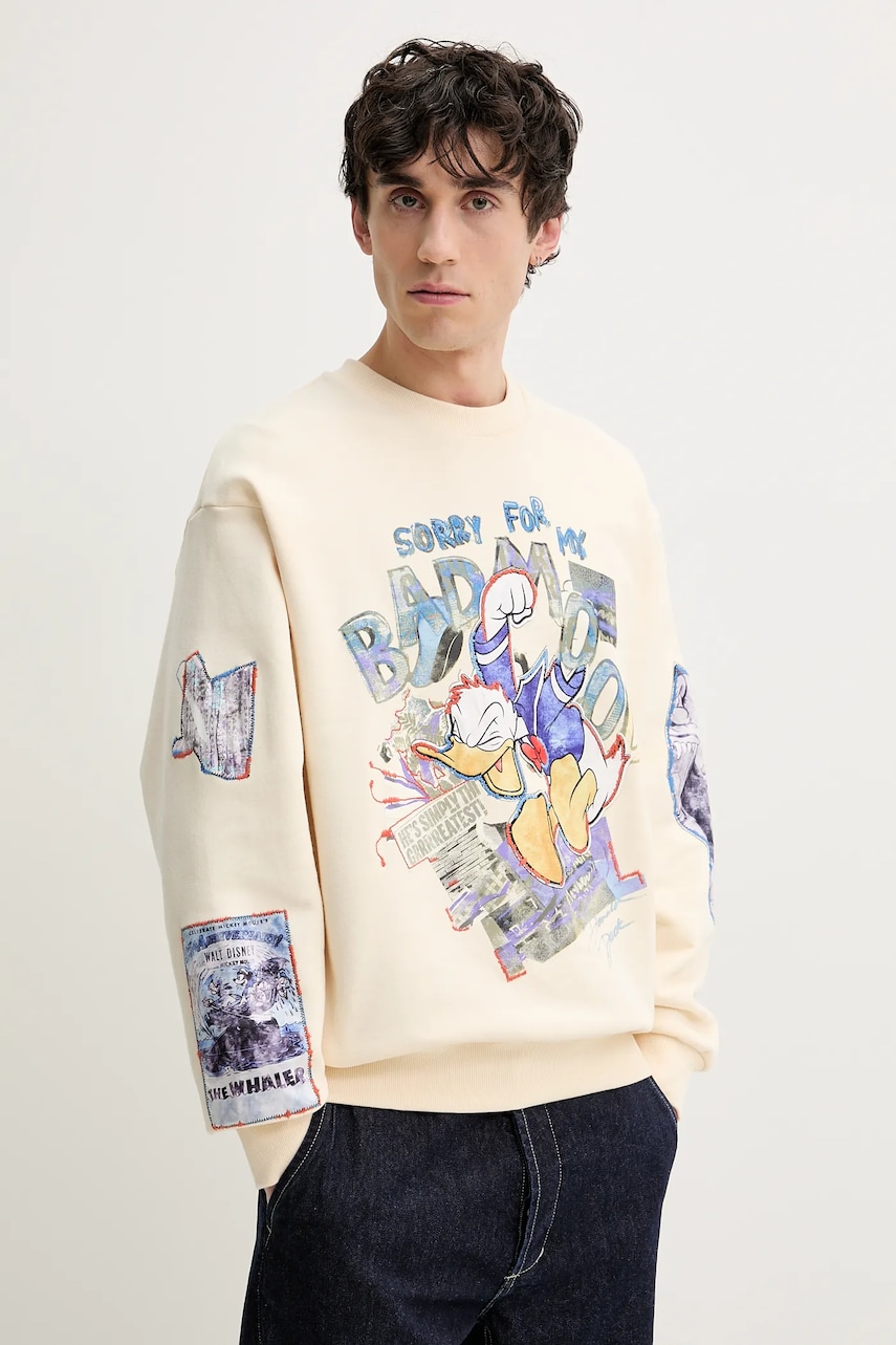 Desigual hanorac de bumbac MICKEY barbati, culoarea bej, modelator, 25SMSK07 Desigual hanorac de bumbac MICKEY barbati, culoarea bej, modelator, 25SMSK07