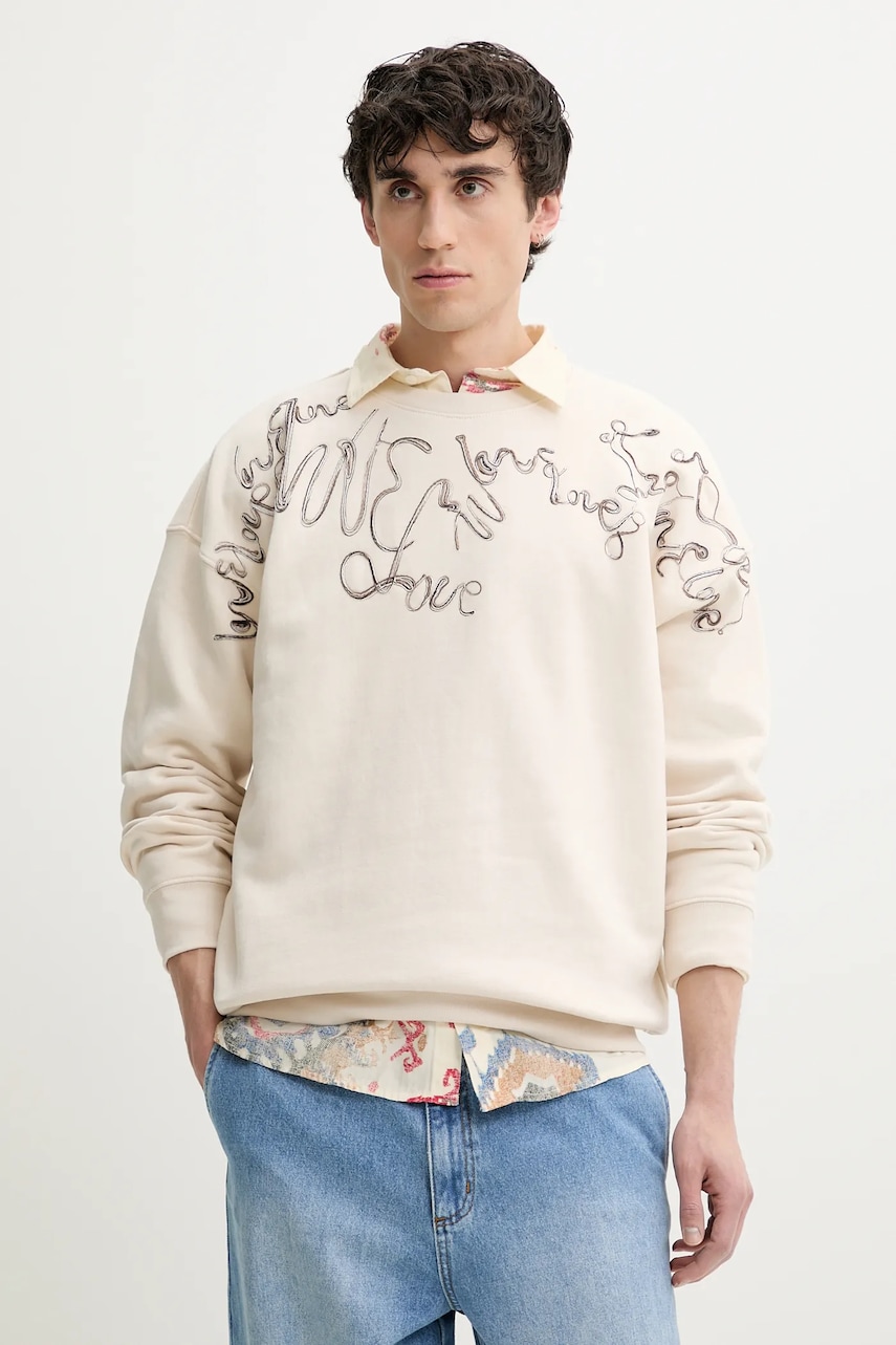 Desigual hanorac de bumbac SEAN barbati, culoarea bej, cu imprimeu, 25SMSK15 Desigual hanorac de bumbac SEAN barbati, culoarea bej, cu imprimeu, 25SMSK15
