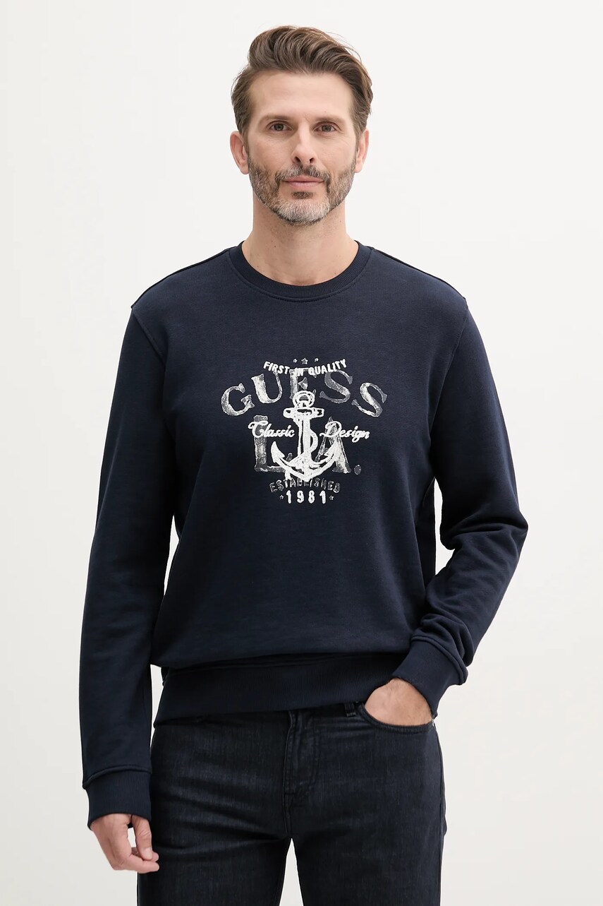 Levně Bavlněná mikina Guess pánská, tmavomodrá barva, s potiskem, M5GQ07 KCS31