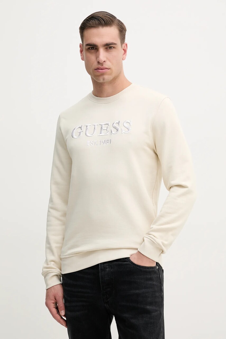 Levně Mikina Guess BEAU pánská, béžová barva, s aplikací, M5GQ08 KCN01