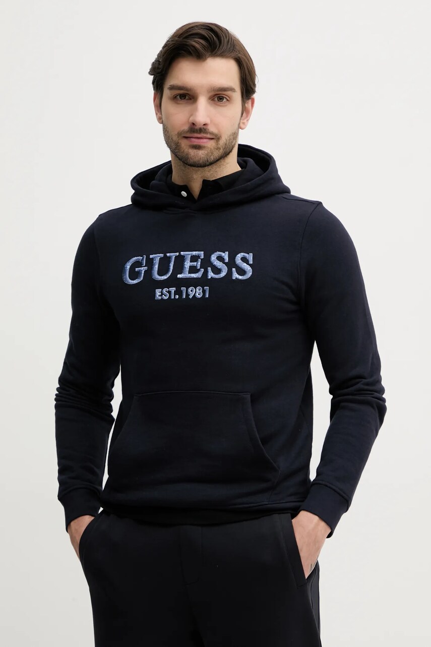 Levně Mikina Guess BEAU pánská, tmavomodrá barva, s kapucí, s aplikací, M5GQ36 KCN01