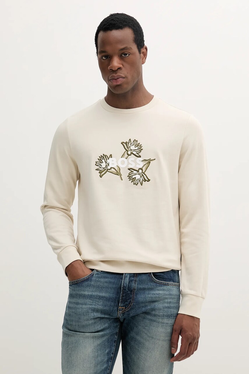 BOSS hanorac de bumbac barbati, culoarea alb, cu imprimeu, 50536797