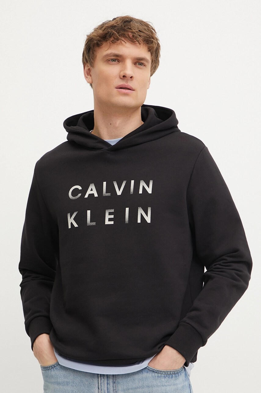 Levně Bavlněná mikina Calvin Klein pánská, černá barva, s kapucí, s potiskem, K10K114261
