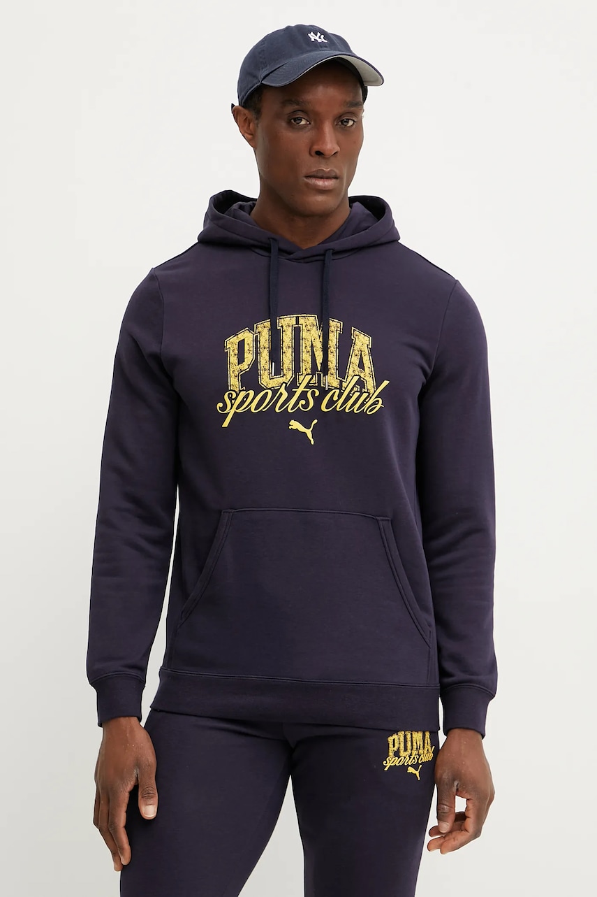 Puma bluza barbati, culoarea albastru marin, cu glugă, cu imprimeu, 684649