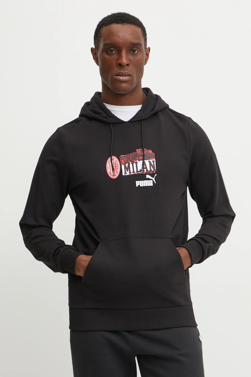 Puma hanorac de bumbac barbati, culoarea negru, cu glugă, cu imprimeu, 779323