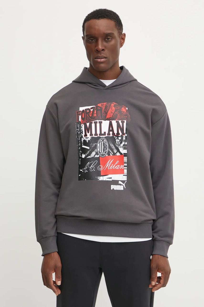 Puma hanorac de bumbac barbati, culoarea gri, cu glugă, cu imprimeu, 779334