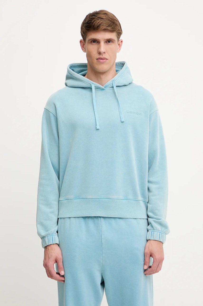 Levně Mikina Calvin Klein Underwear pánská, tyrkysová barva, s kapucí, hladká, LV00NM2894