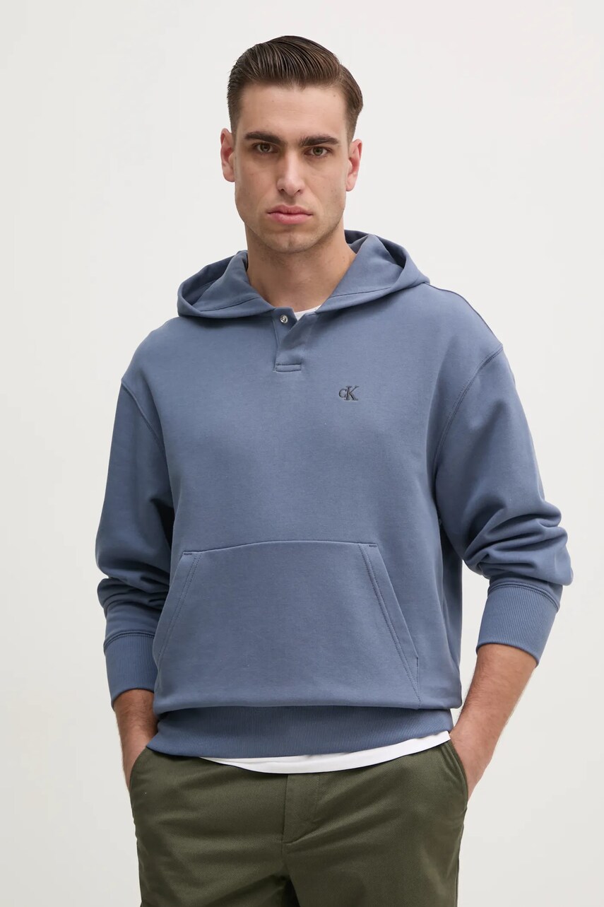 Levně Bavlněná mikina Calvin Klein Jeans pánská, modrá barva, s kapucí, hladká, J30J327227