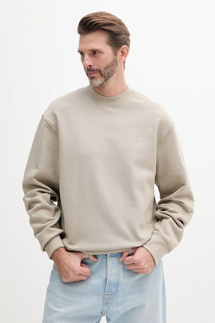 Levně Bavlněná mikina Calvin Klein Jeans pánská, béžová barva, hladká, J30J327228